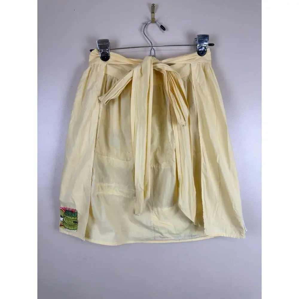 Vintage Yellow Half Apron with Flower Embroidered Pocket & Patchwork, Granny